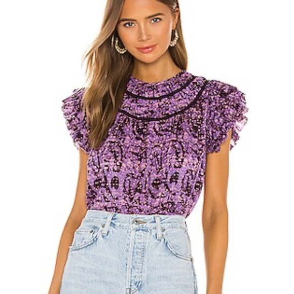 ULLA JOHNSON Amai Blouse Purple Batik Top Size 4 Small Flutter Sleeve Boxy - Picture 2 of 11